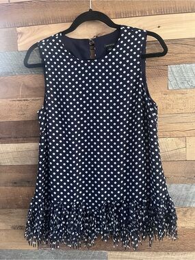 Navy Polka Dot Ann Taylor top with Fringe Hem